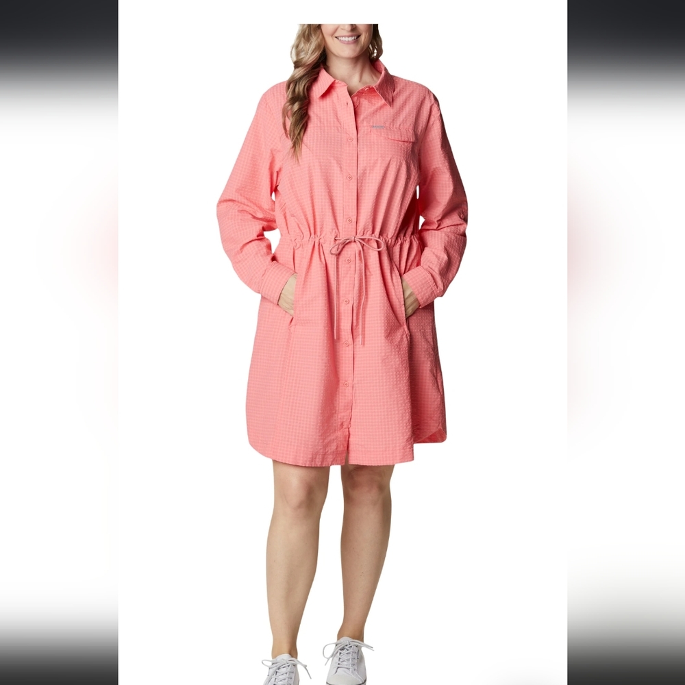 Button-Front Coral Drawstring Shirt Dress